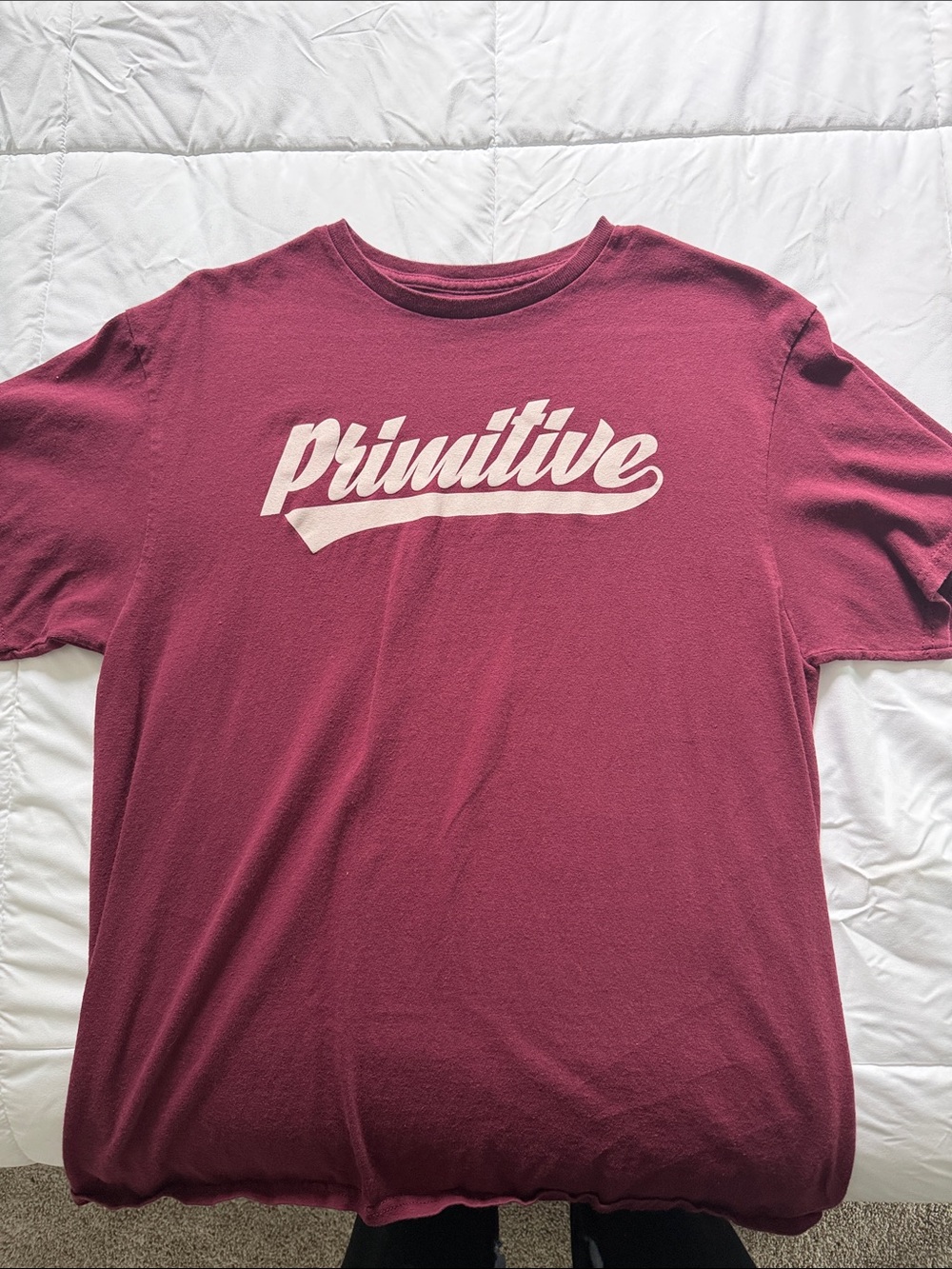 Primitive Maroon Tee with Cream Script Logo